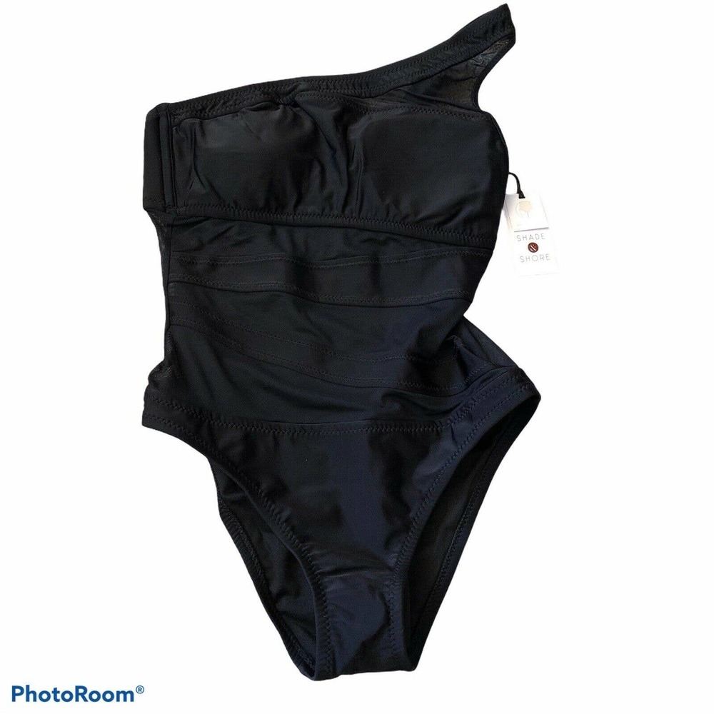 Shade&Shore One Piece Swimsuit Black One shoulder See Thru Mesh Athletic